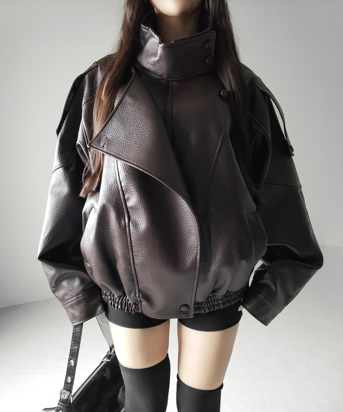 ヴィンテージフェイクレザースタンドカラージップアップブルゾン / 2WAY vintage fake leather stand collar zipup blouson