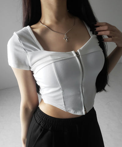 ダブルジップコルセットスクエアネックTシャツ / double zip corset square neck T-Shirt