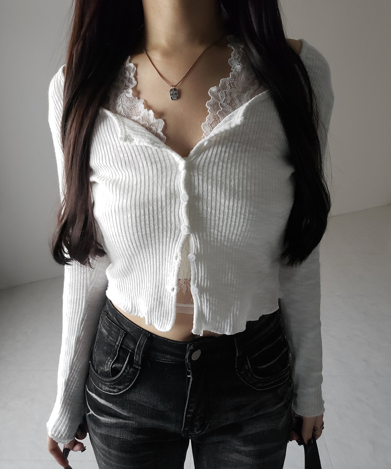【 2点セット 】レイヤードレースシアーリブカットソーカーディガン / layered lace sheer rib cut and sew cardigan