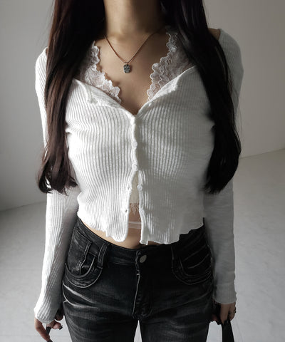 【 2点セット 】レイヤードレースシアーリブカットソーカーディガン / layered lace sheer rib cut and sew cardigan