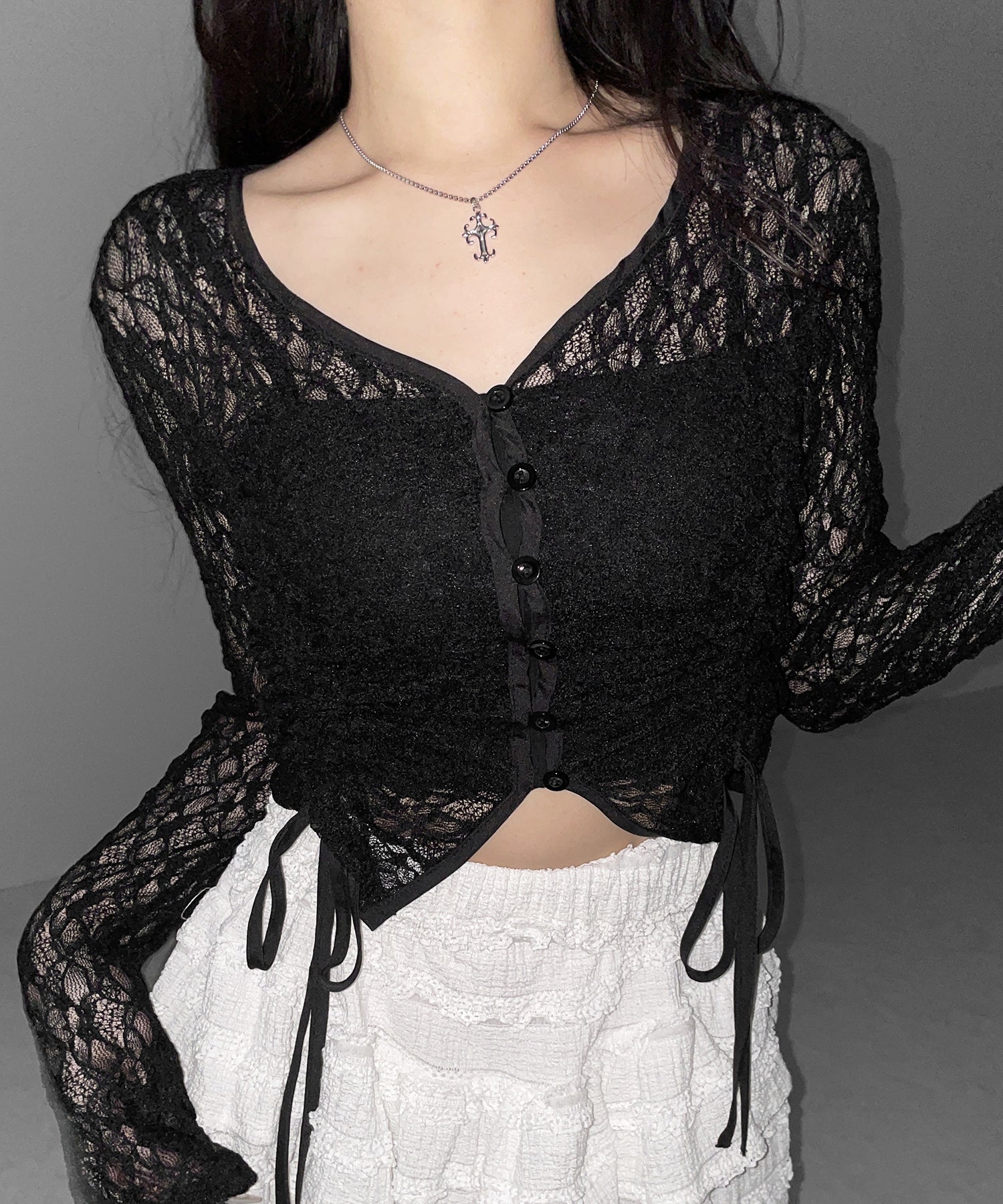 ダブルシャーリングショートレースカーディガン / double shirring short lace cardigan
