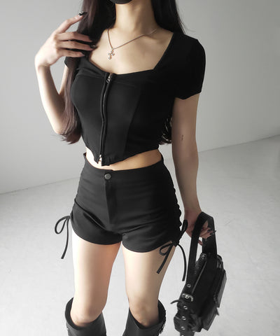 ダブルジップコルセットスクエアネックTシャツ / double zip corset square neck T-Shirt