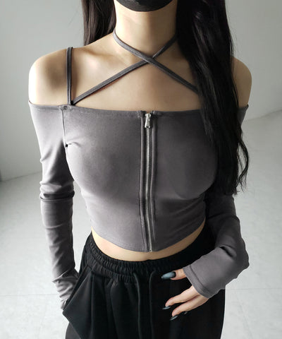 【 カップ付 】フロントジップクロスストラップオフショルトップス / front zip cross straps off-shoulder tops