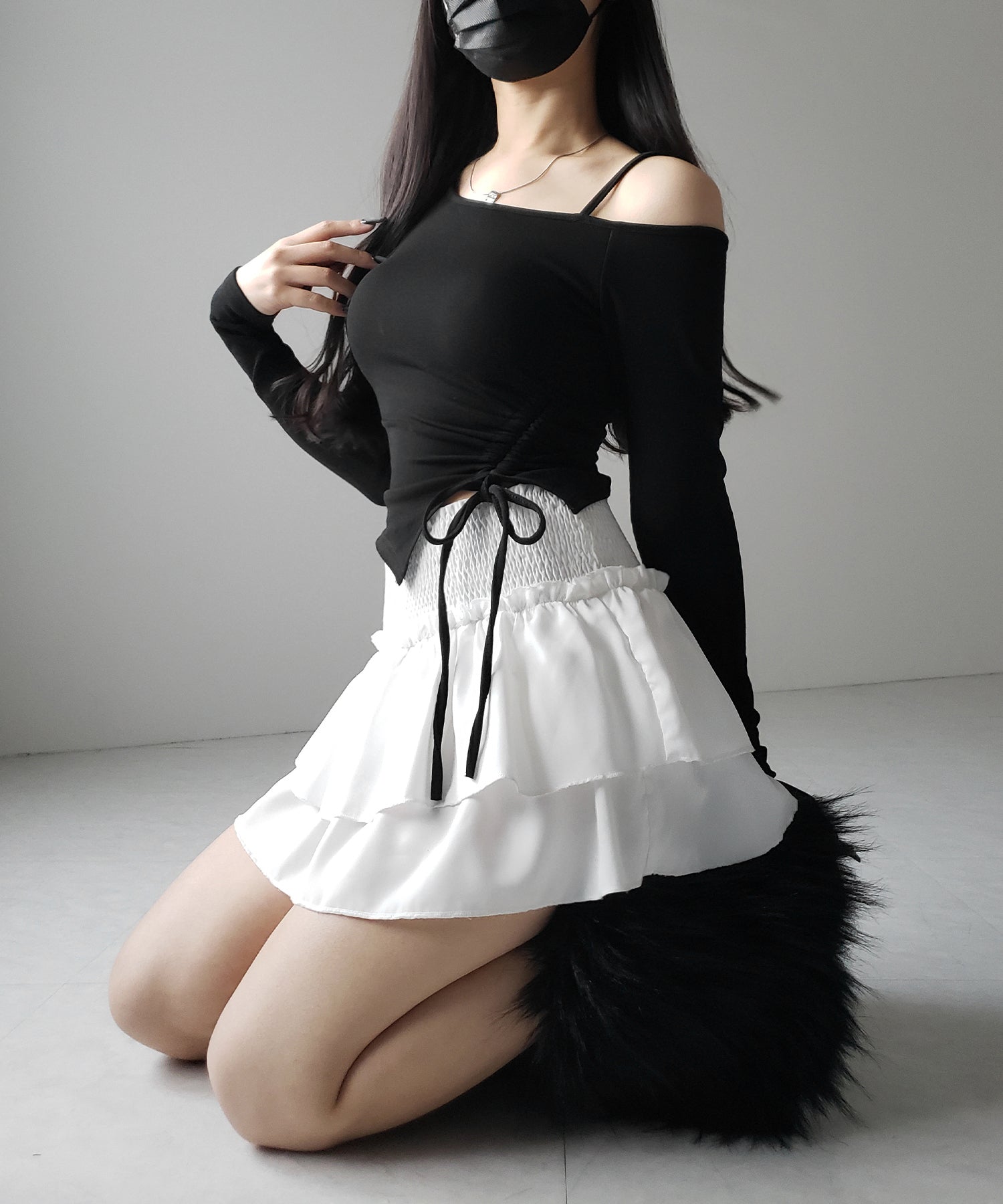 【 裏起毛 / カップ付 】サイドシャーリングリボンワンショルトップス / side shirring ribbon one shoulder tops