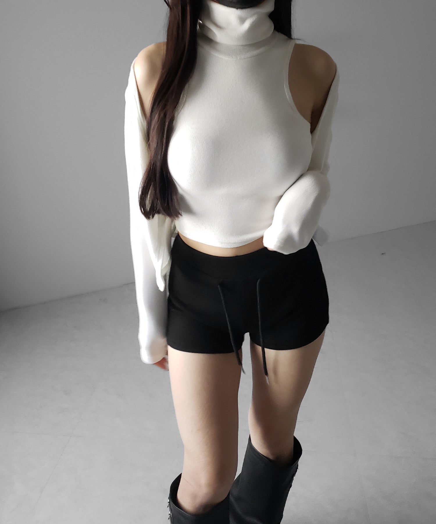 【 裏微起毛 / 2点セット 】ハイネックノースリーブトップス + ショートカーディガン SET / high neck nosleeve tops + short cardigan SET