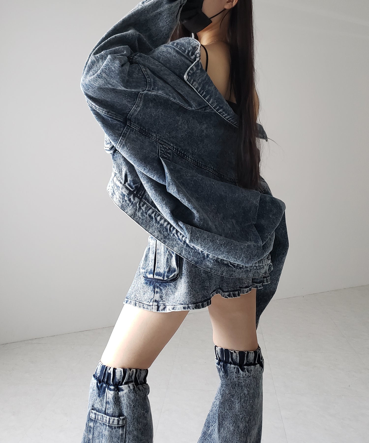 【 セットアップ着用可能 】ヴィンテージケミカルブリーチプリーツデニムミニスカート / vintage bleached pleated denim mini skirt