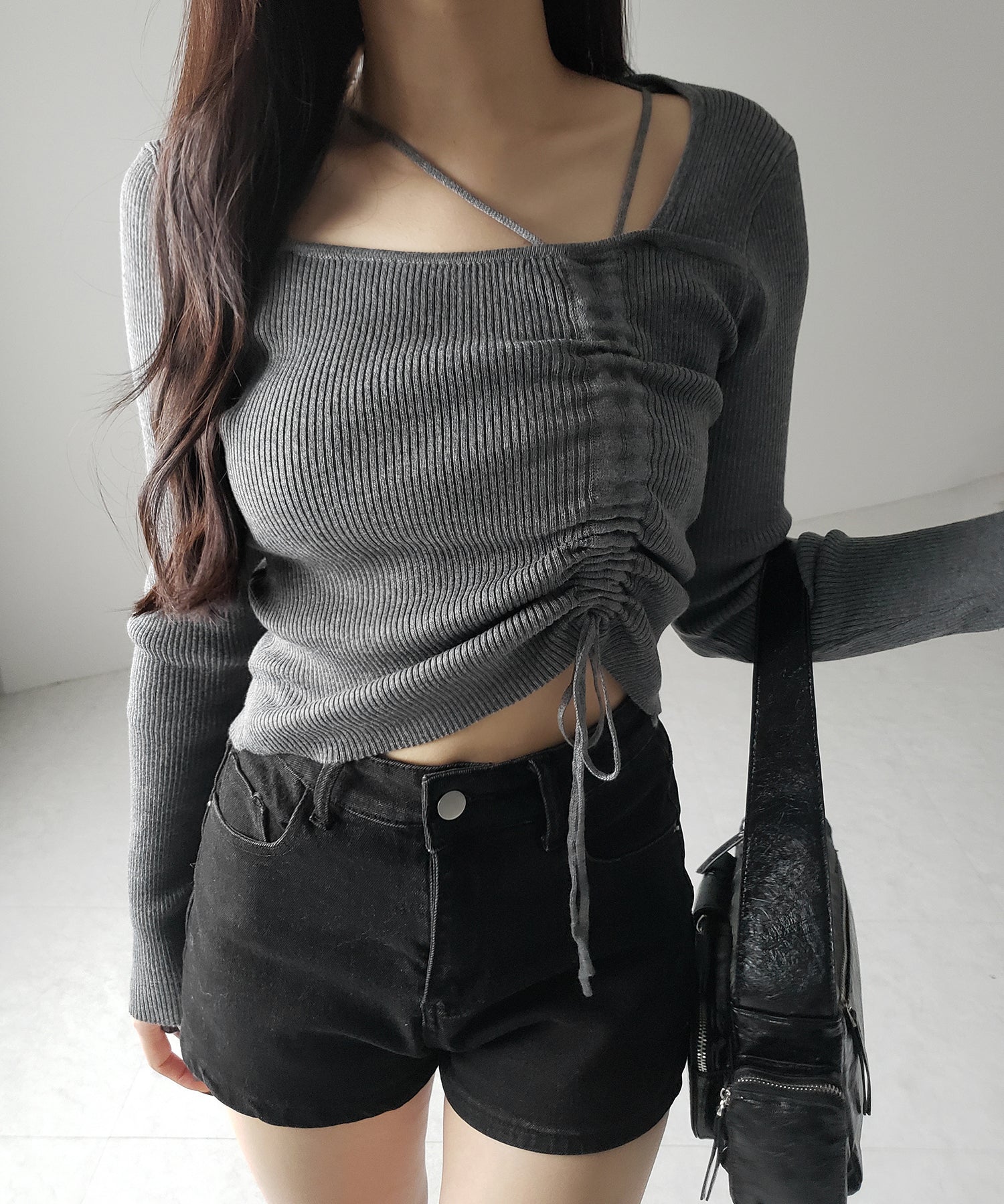 ダブルストラップシャーリングリボンリブニットトップス / double strap shirring ribbon ribbed knit tops