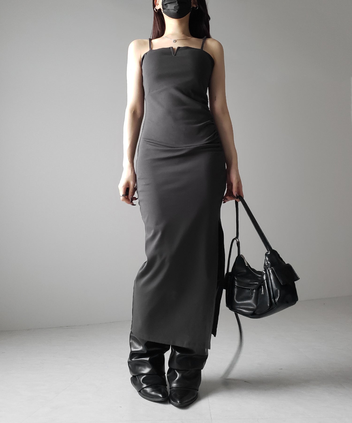 【 パッド付き 】バックストラップサイドシャーリングスリットロングキャミワンピース / back strap side shirring slit long cami onepiece