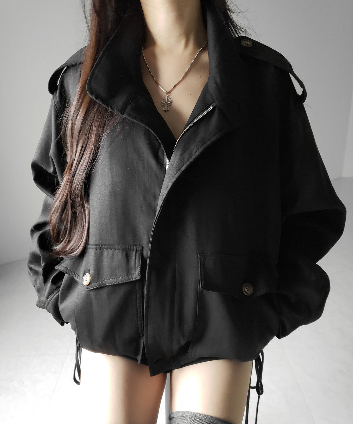 スタンドカラーオーバーショートトレンチコート / stand collar over short trench coat