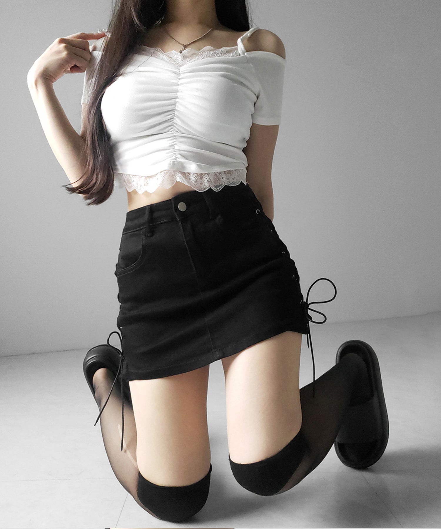 レースアップストレッチデニムミニスカパン / lace up stretch denim mini skirt pants