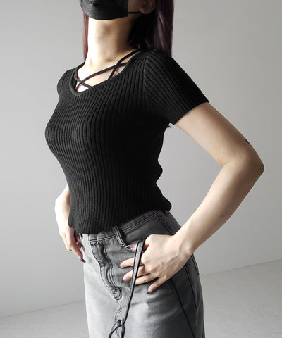 半袖クロスラインストラップデザインリブニット