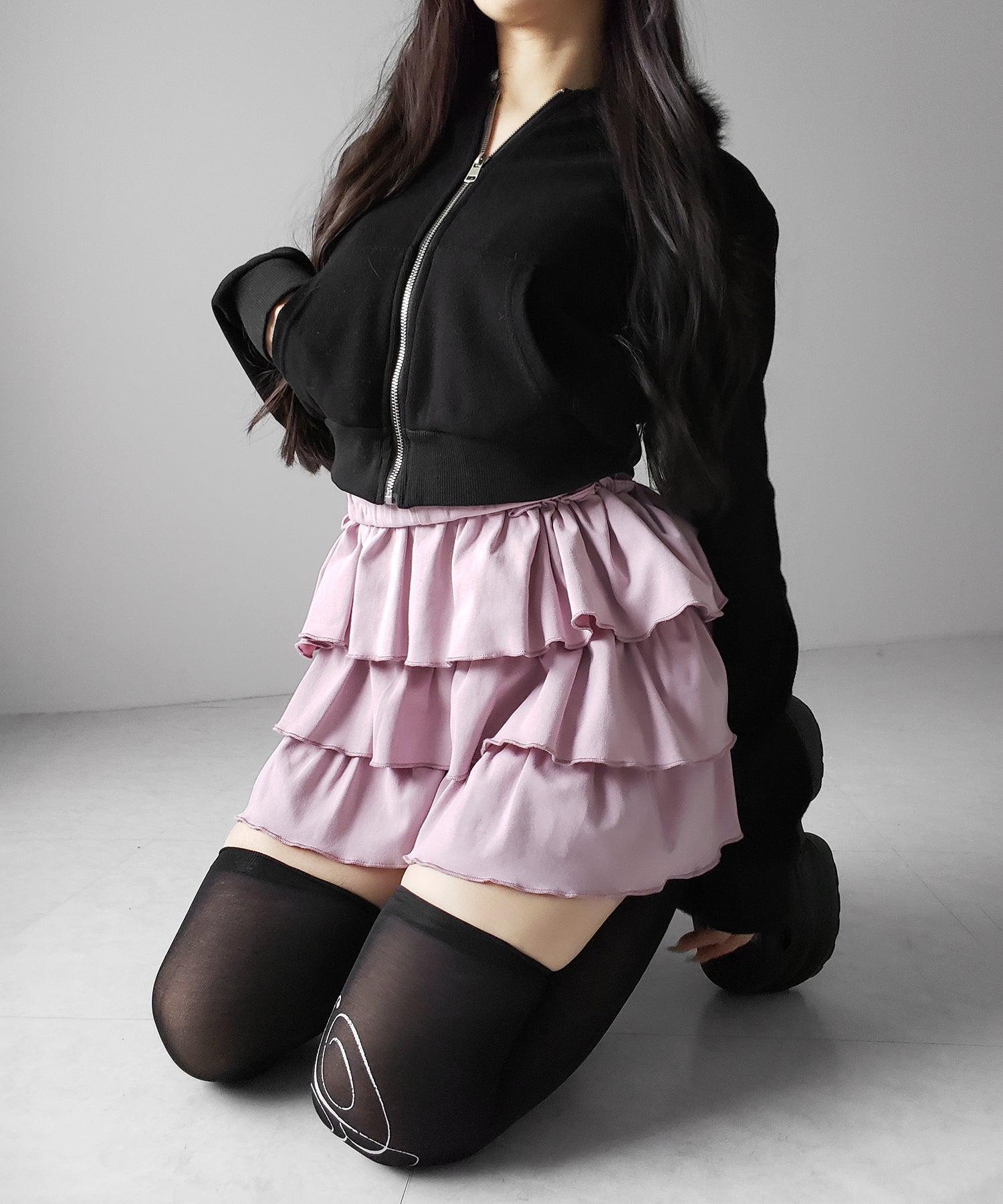 【 新色ピンク追加!4color 】3段フリルカットソーミニスカパン / 3 frill cutsew mini skirt pants
