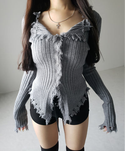 ダメージフリンジリブニットスリムカーディガン / damage fringe rib knit slim cardigan