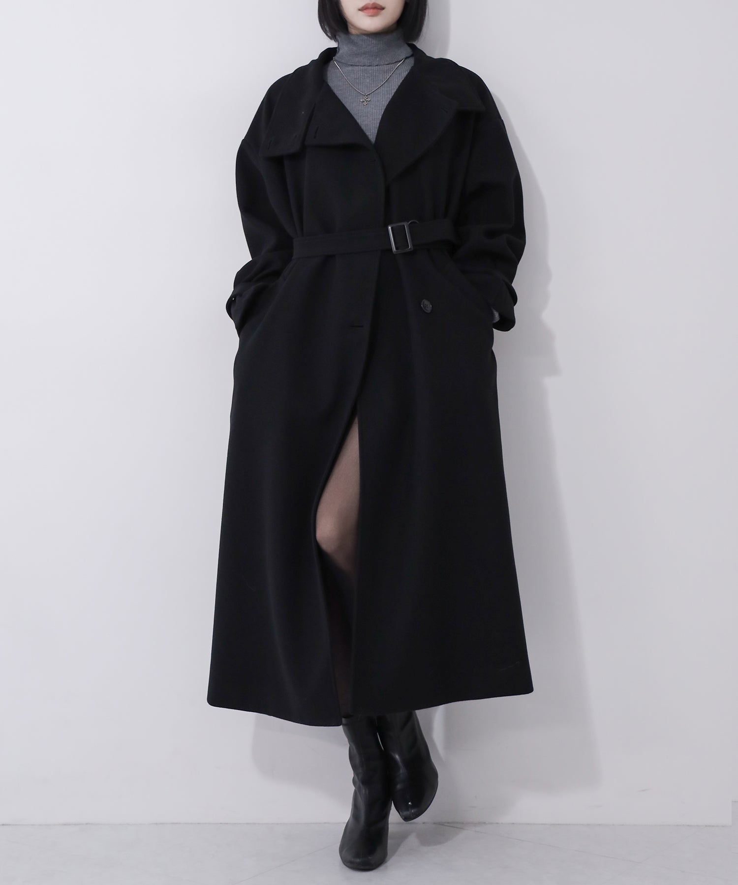 【 ウエストマークベルトSET 】2WAY スタンドカラーレディメルトントレンチロングコート / 2WAY stand collar lady melton trench long coat