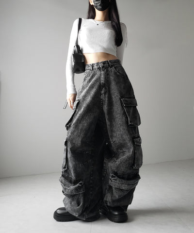 【 デニムセットアップ着用可能 】ヴィンテージケミカルブリーチヘビーワイドカーゴデニム / vintage chemical bleach heavy wide cargo denim