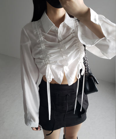 ダブルリボンシャーリングショートシアーシャツ / double shirring ribbon short sheer shirts