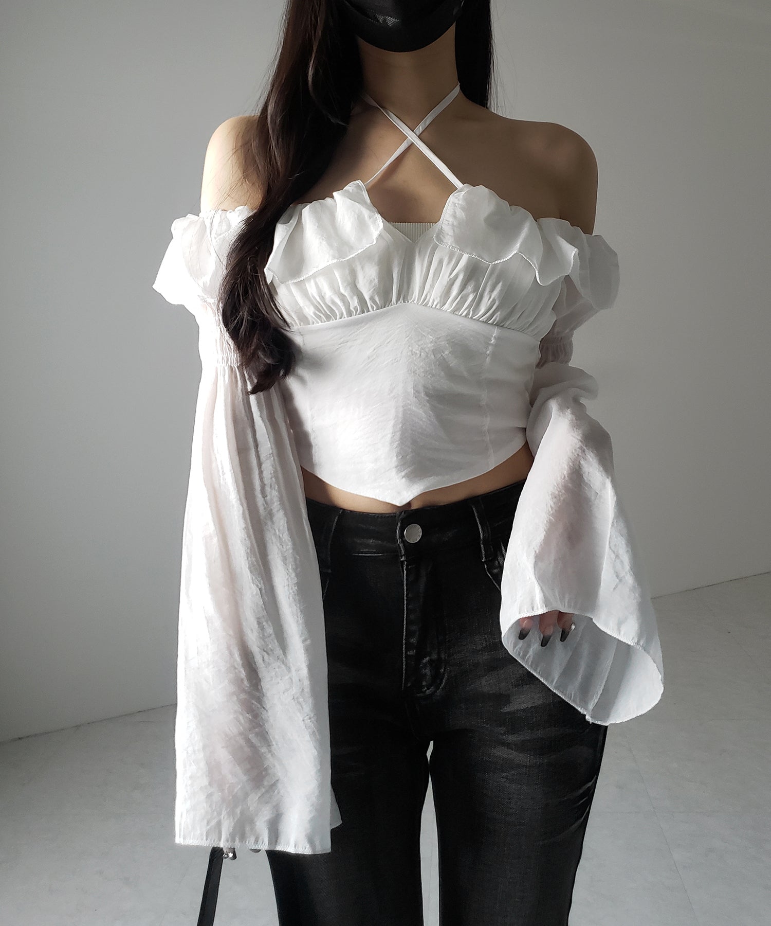 【3WAY 】チョーカーリボンフレアスリーブオフショルブラウス / choker ribbon flare sleeve off-shoulder blouse