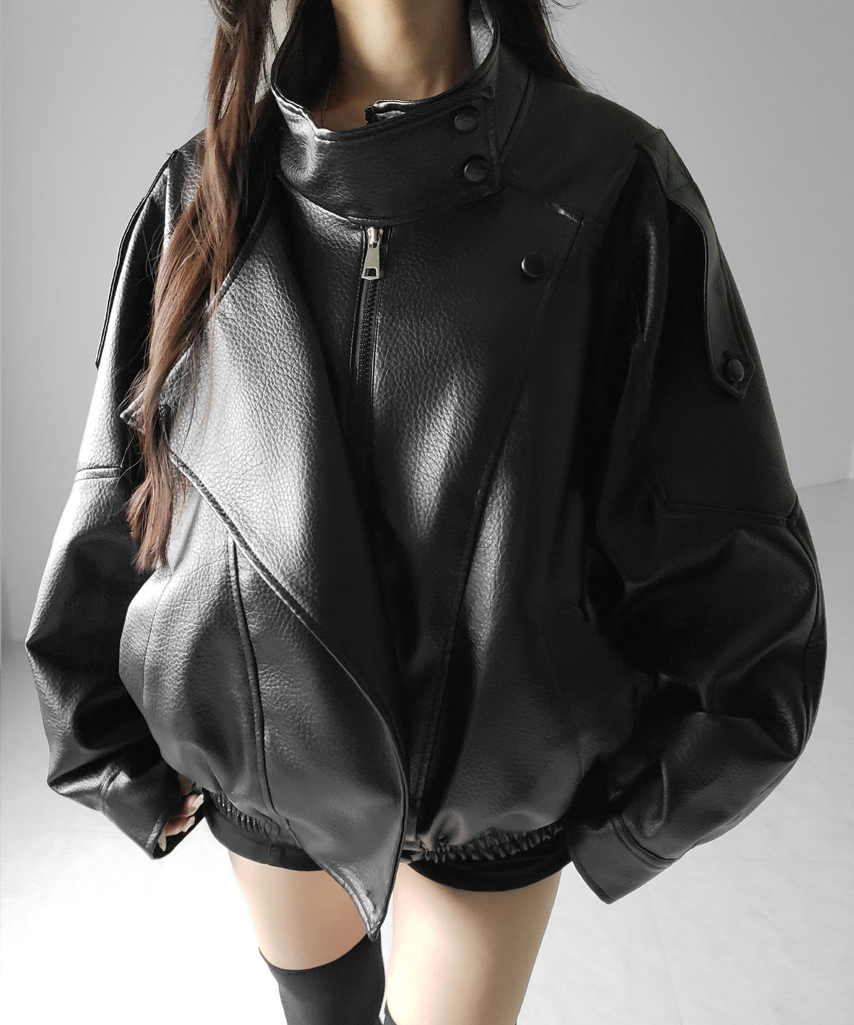 ヴィンテージフェイクレザースタンドカラージップアップブルゾン / 2WAY vintage fake leather stand collar zipup blouson