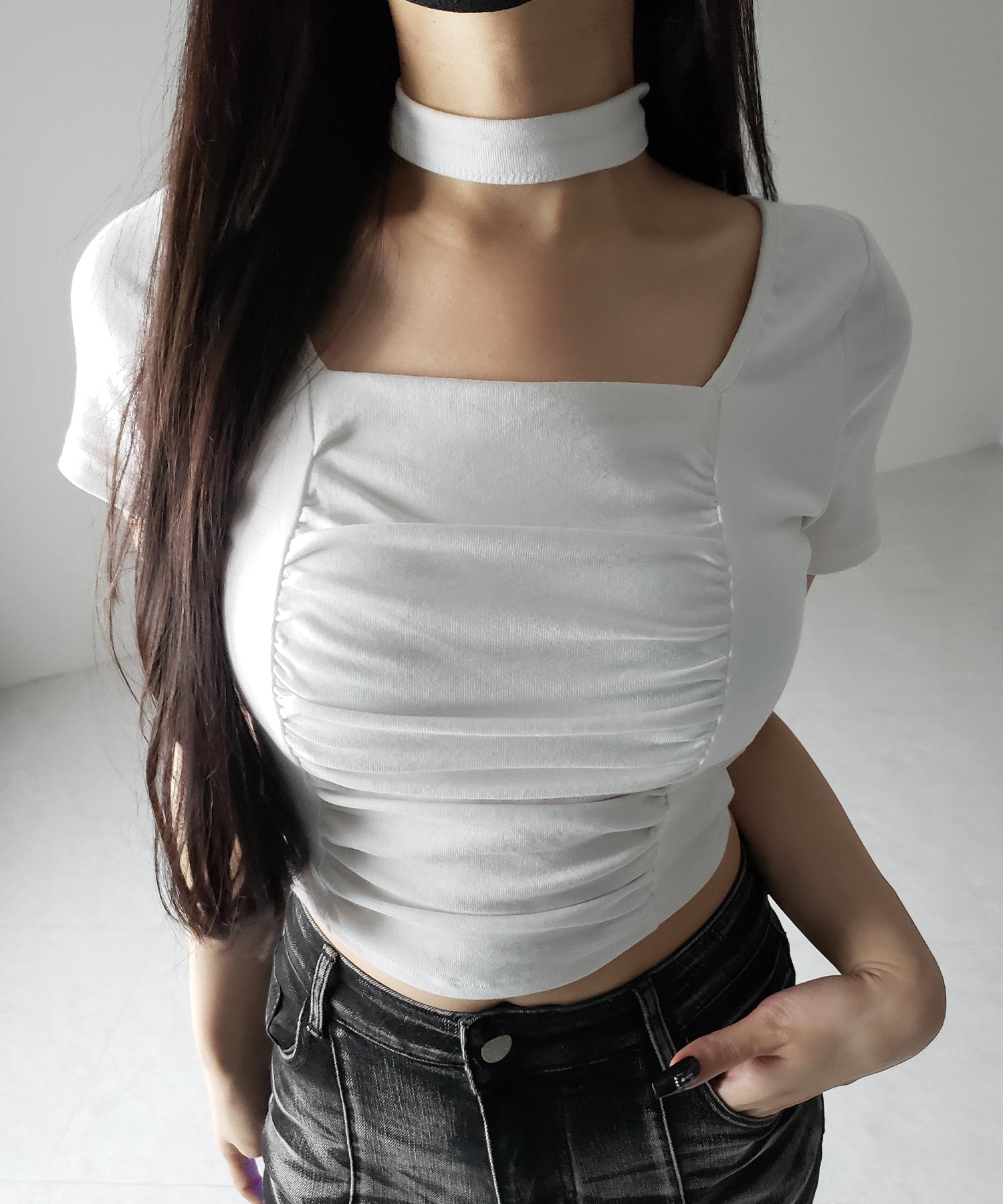 【 2WAY 】チョーカーロングタイ付き スクエアネックギャザースリムTシャツ / choker long tie SET square neck gather slim sleeve T-shirt