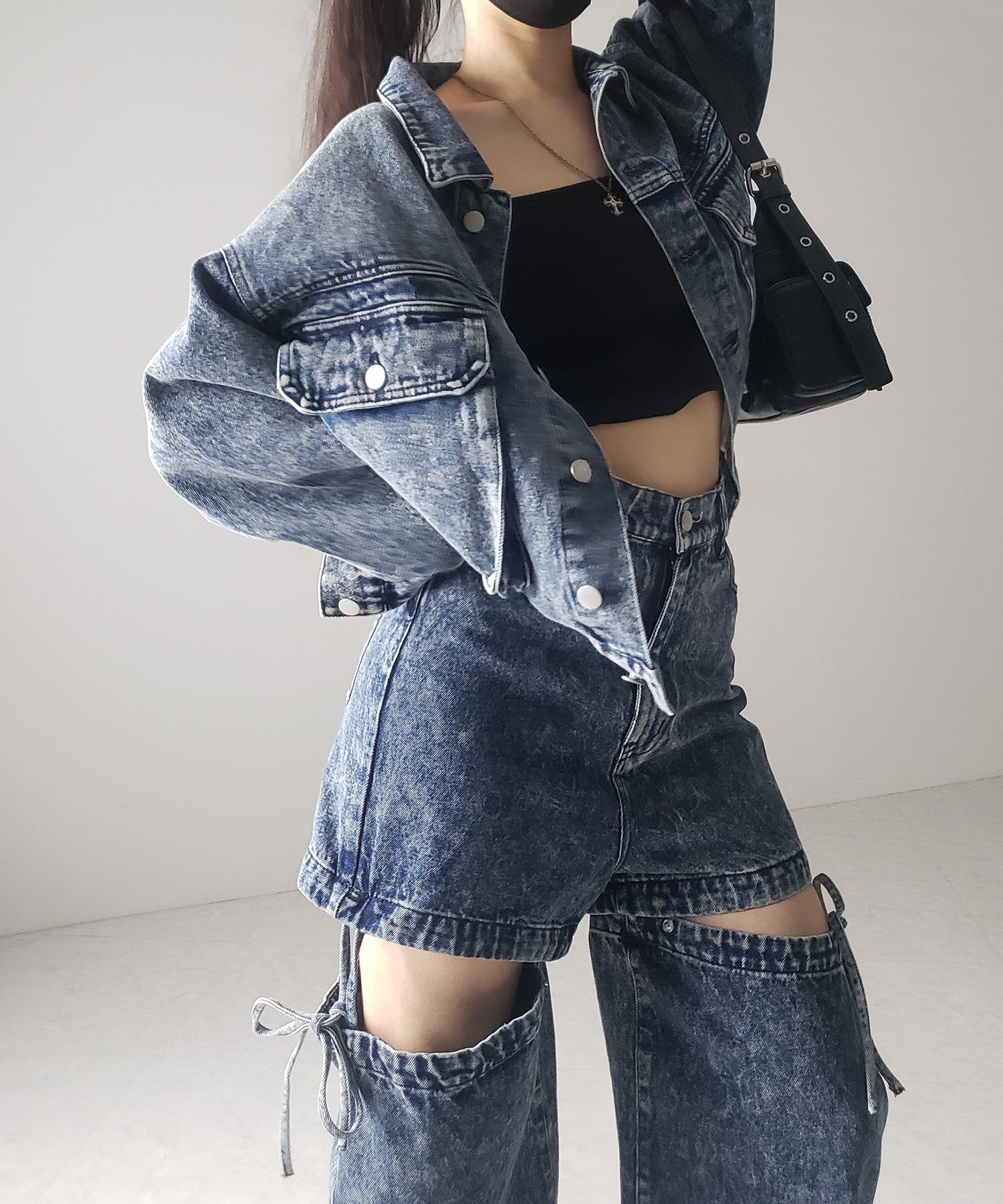 【 セットアップ着用可能 】2WAYヴィンテージケミカルブリーチカットアウトリボンデニム / 2WAY vintage chemical bleach cutout ribbon denim