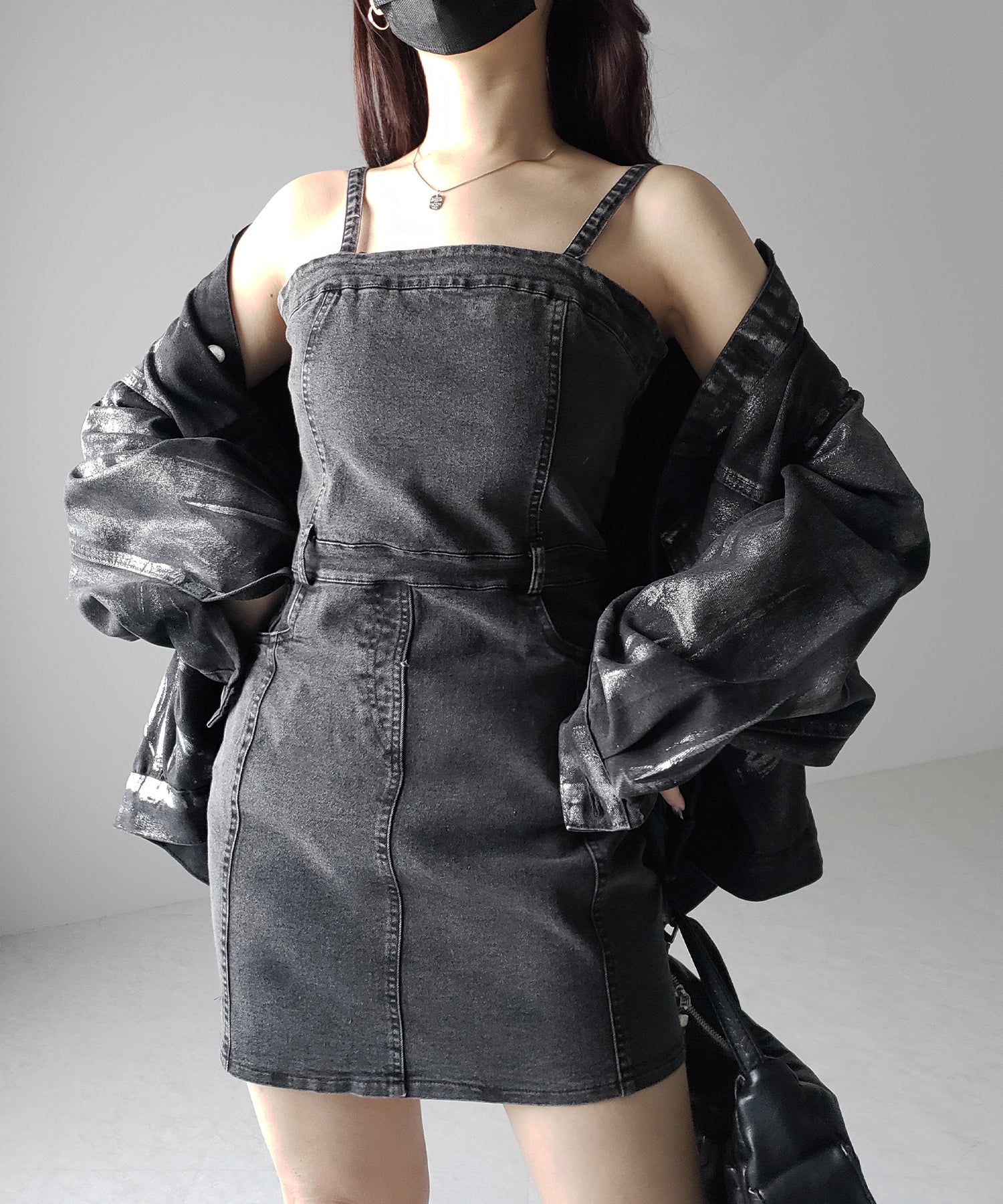 【 2color 】ウォッシュデニムハイウエストミニキャミワンピース / wash denim high waist mini cami onepiece