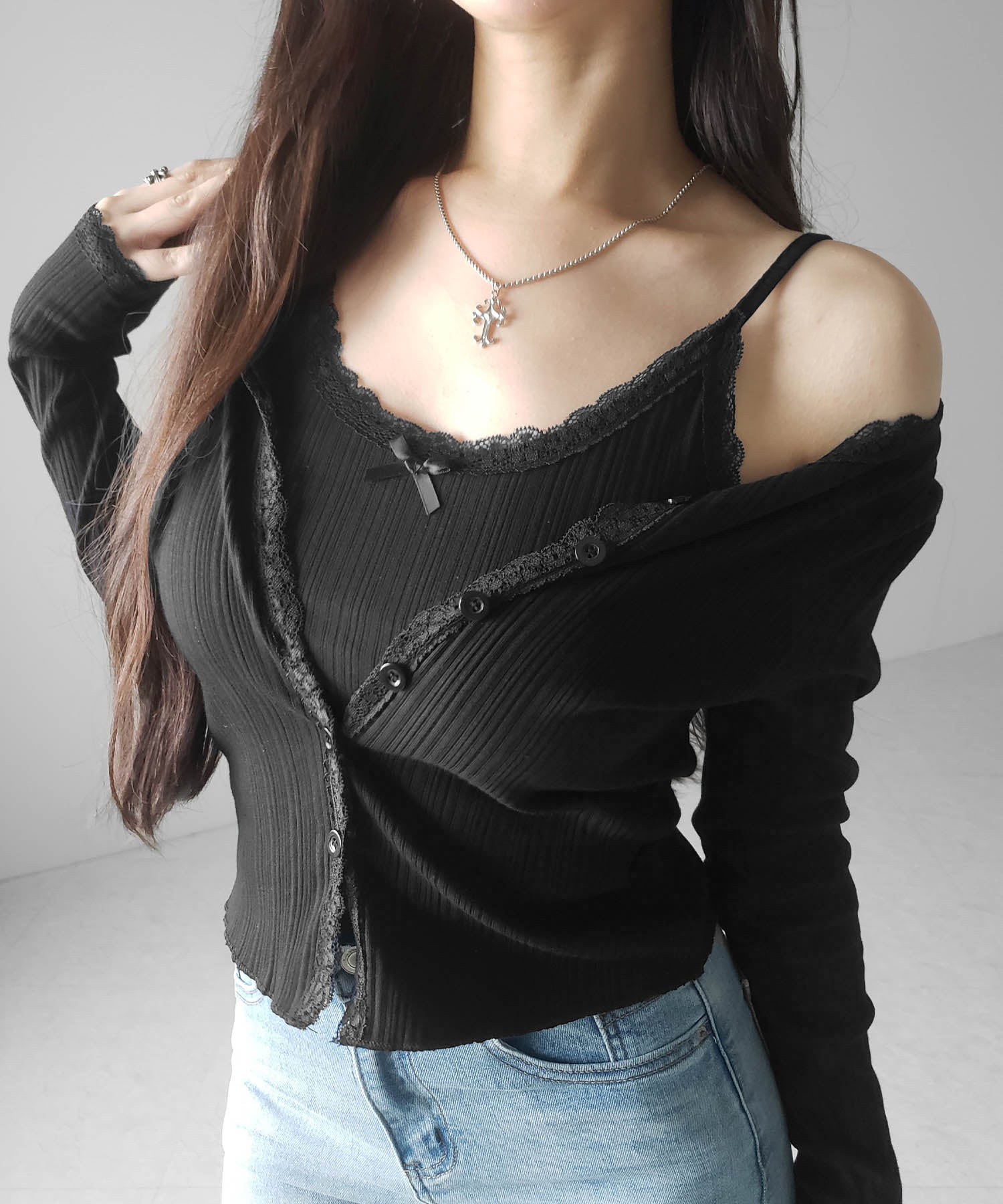 【 2点セット 】フロントリボンレース切替リブキャミソール + カーディガンセット /front ribbon lace lib camisole + cardigan SET