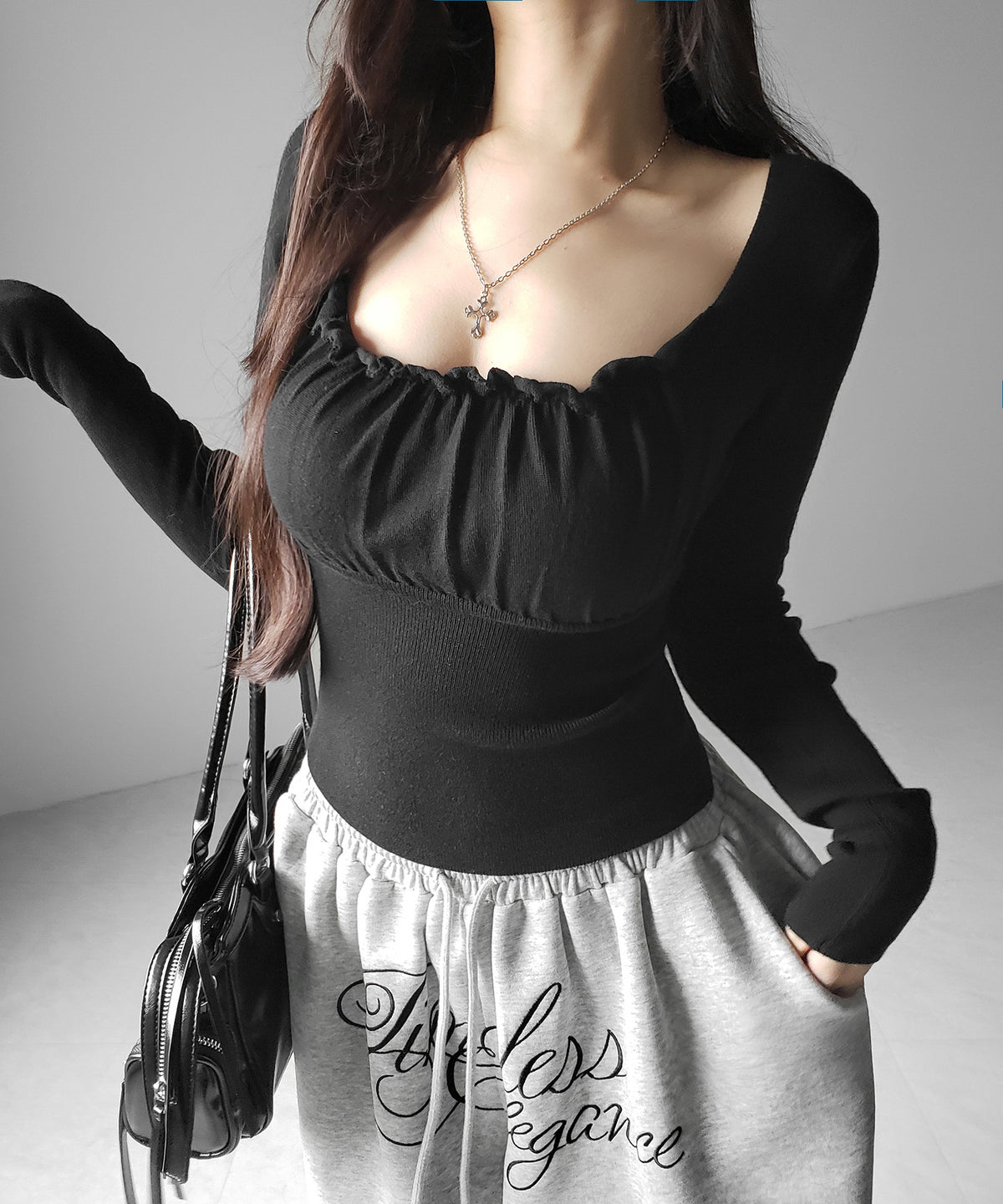 フリルギャザースクエアネック長袖ニットトップス / frill gather square neck longsleeve knit tops