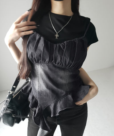 【 2点セット 】ヴィンテージデニムビスチェ & 半袖レイヤードTシャツセット / vintage denim bustier & short sleeve layered T-shirts set