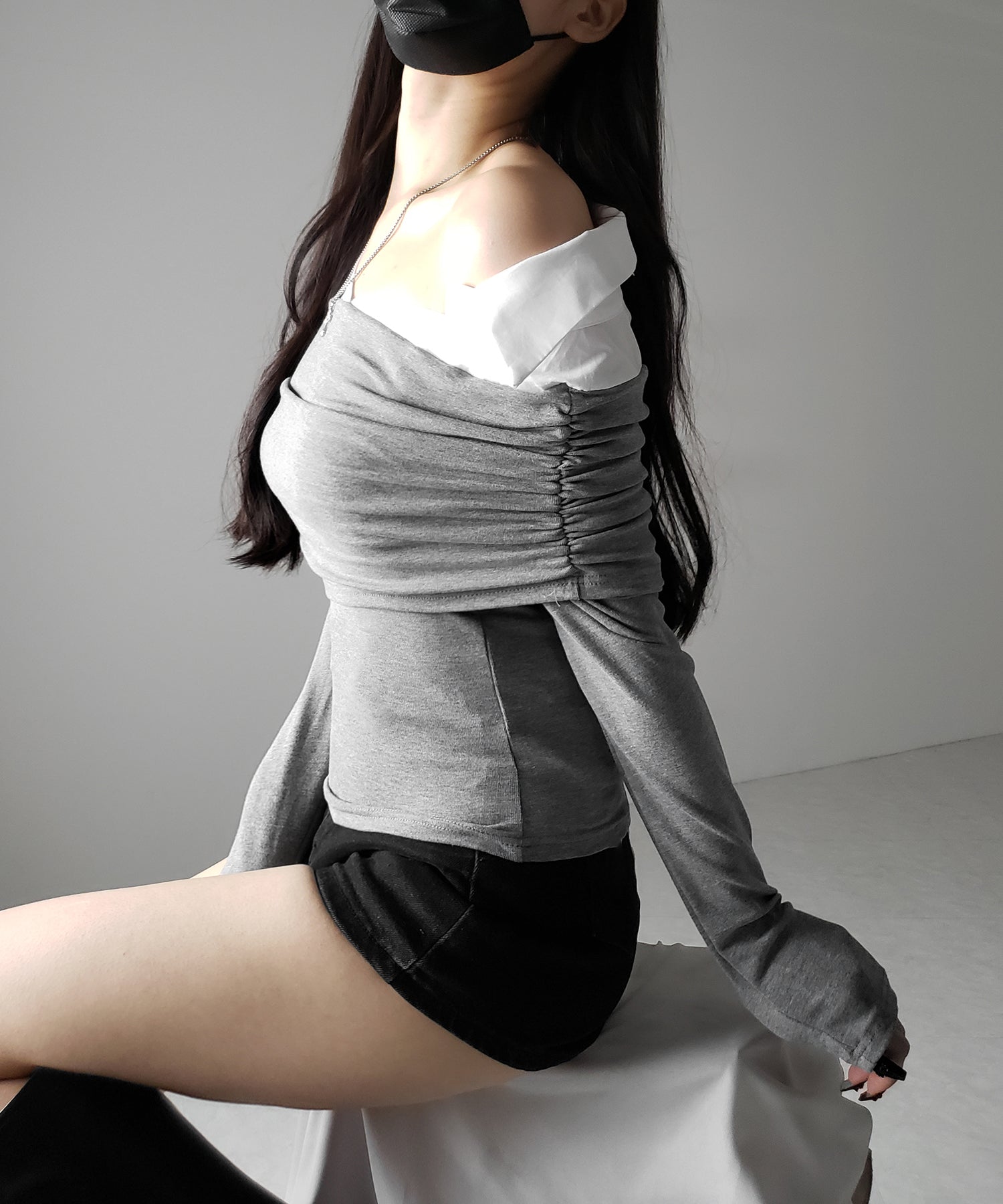 【 2color 】シャツドッキングワイドオフショルトップス / shirt docking wide off shoulder tops