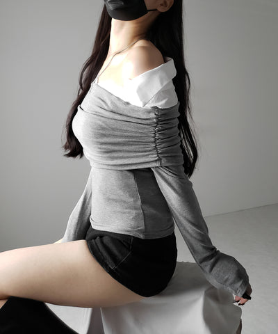 シャツドッキングワイドオフショルトップス / shirt docking wide off shoulder tops