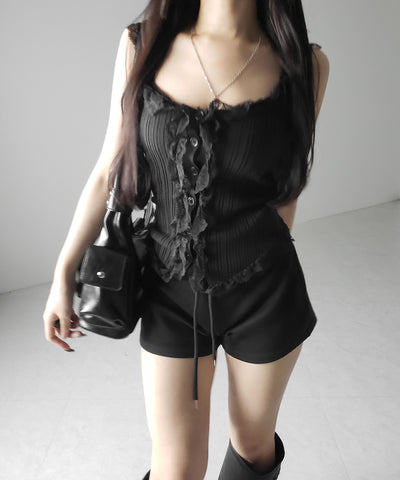 レースフリルドッキングリブニットキャミタンク / lace frill docking lib knit cami tank