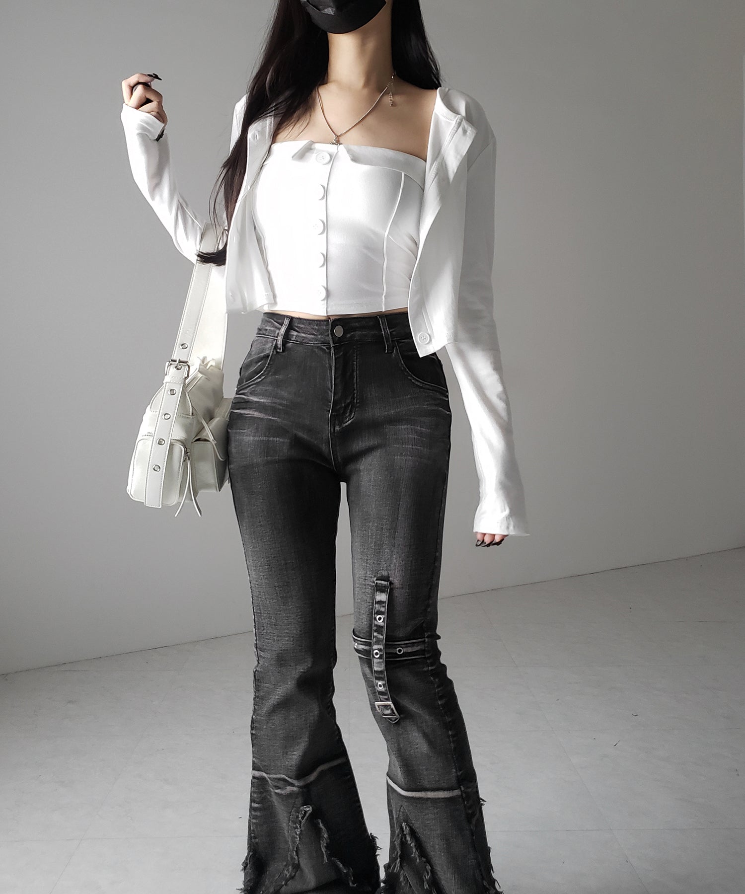【 2点セット 】フロントボタンベアトップ + クロップドカットソーカーディガン SET / front button bare top + cropped cutsaw cardigan SET