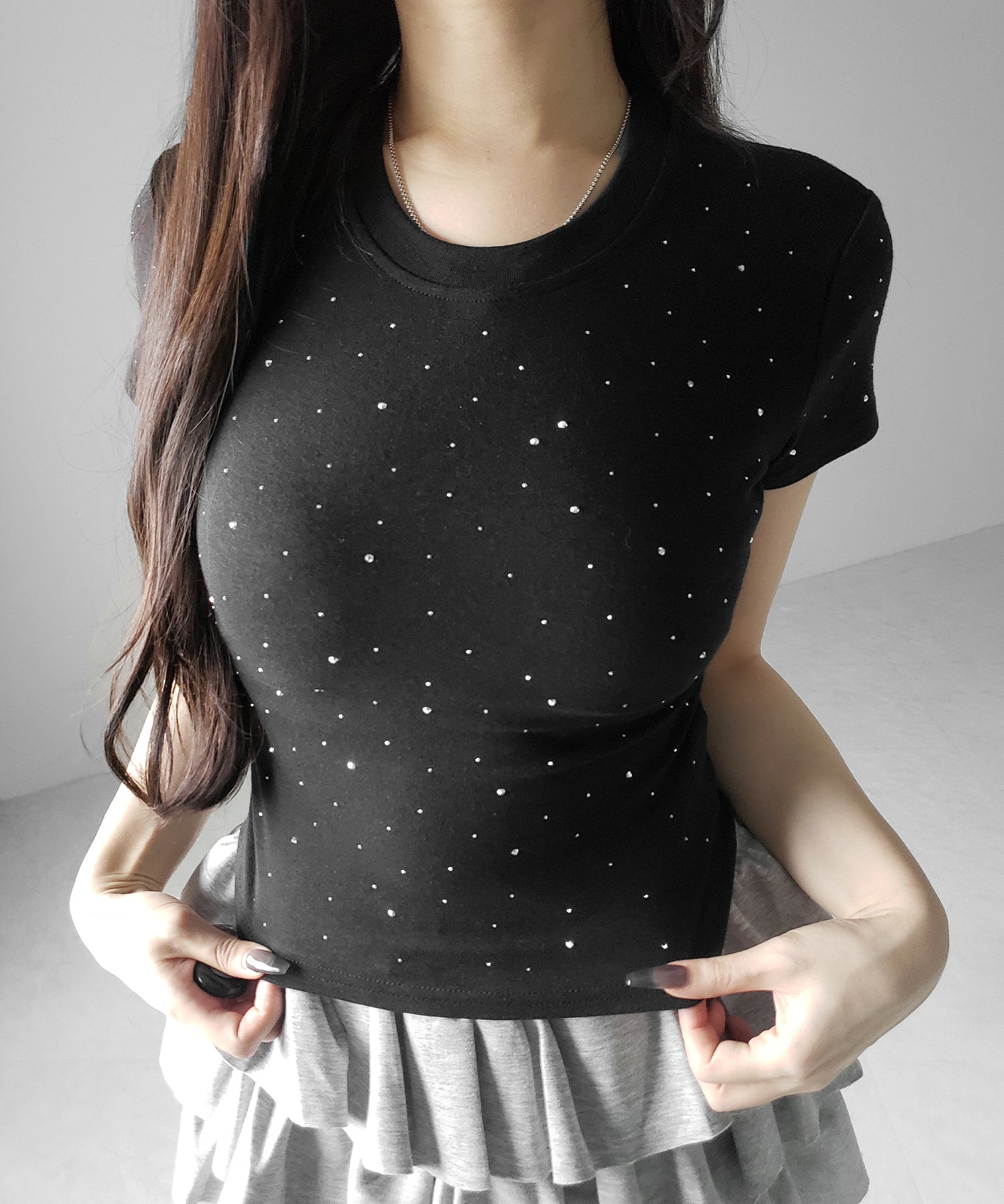 ラインストーン半袖タイトTシャツ / Rhinestone short sleeve tight T-shirt