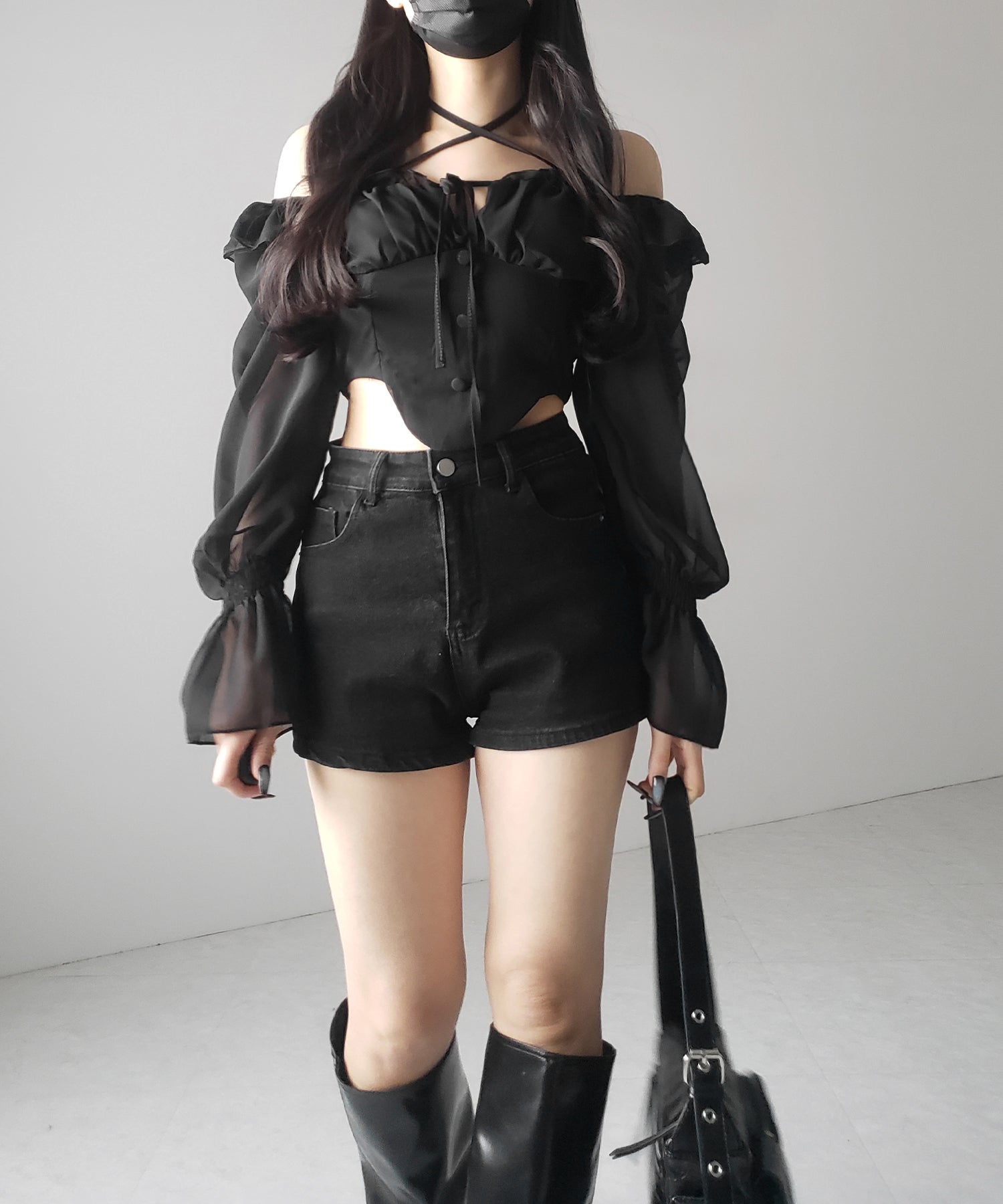 【 2WAY 】フロントリボンクロスネックオフショルシフォンブラウス / front ribbon cross neck off-shoulder chiffon blouse