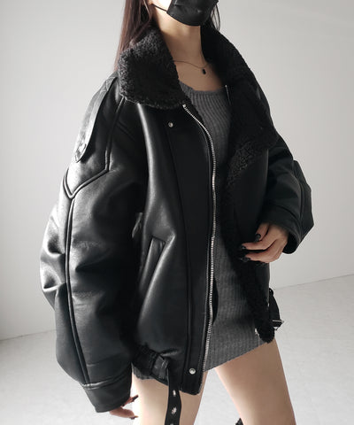 【 2color 】フェイクレザーベルテッドボアムートンジャケット / fake leather belted boa mouton jacket