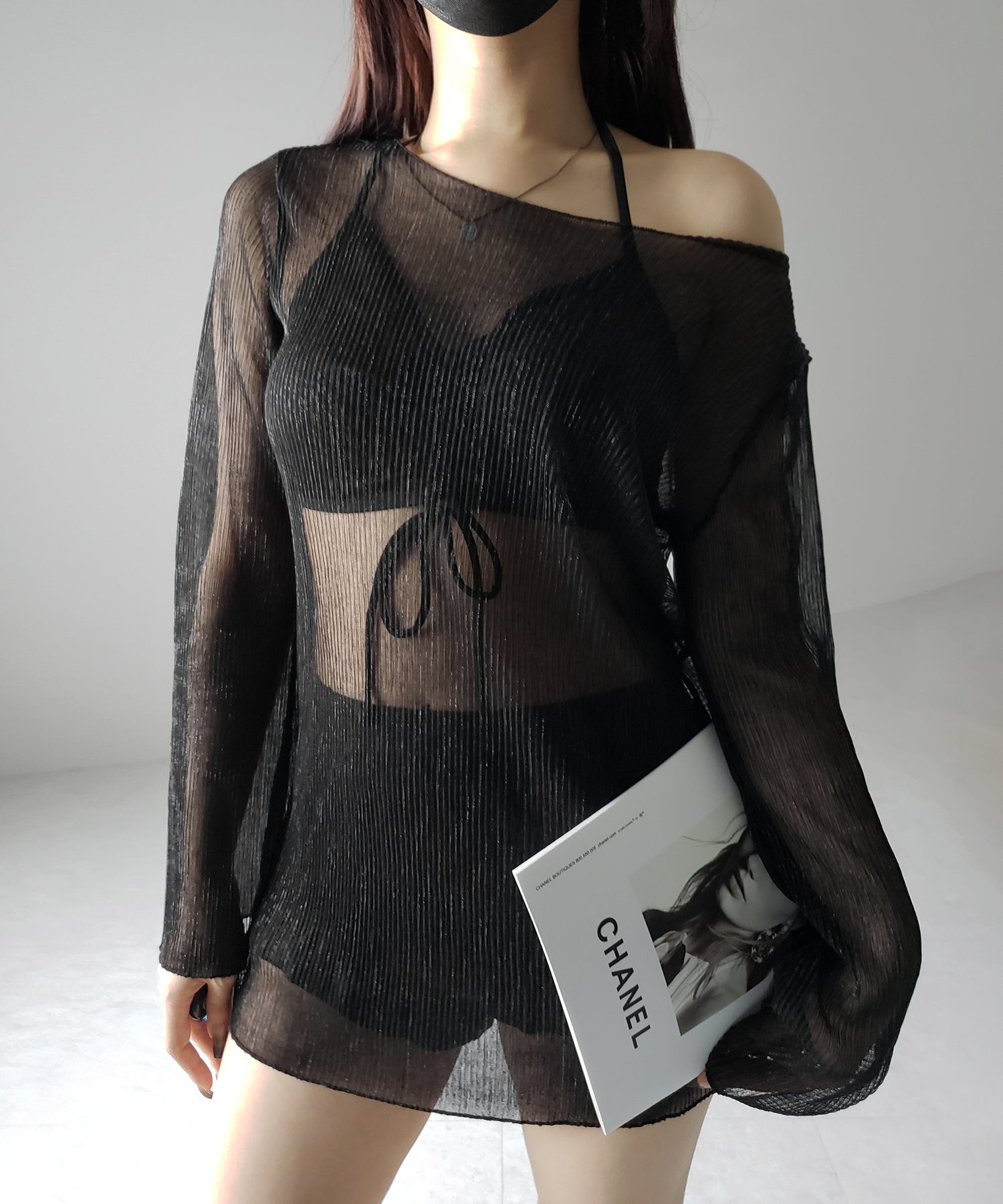 【 レディース水着/3点セット 】シアートップス付き フロントリボンホルターネックハイウエストビキニ / sheer tops set front ribbon halter neck high waist bikini