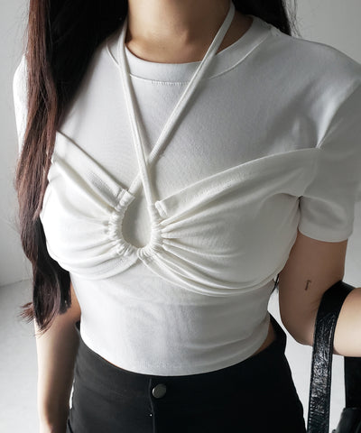 クロスネックレイヤードシャーリングTシャツ / cross neck layered shirring T-shirt