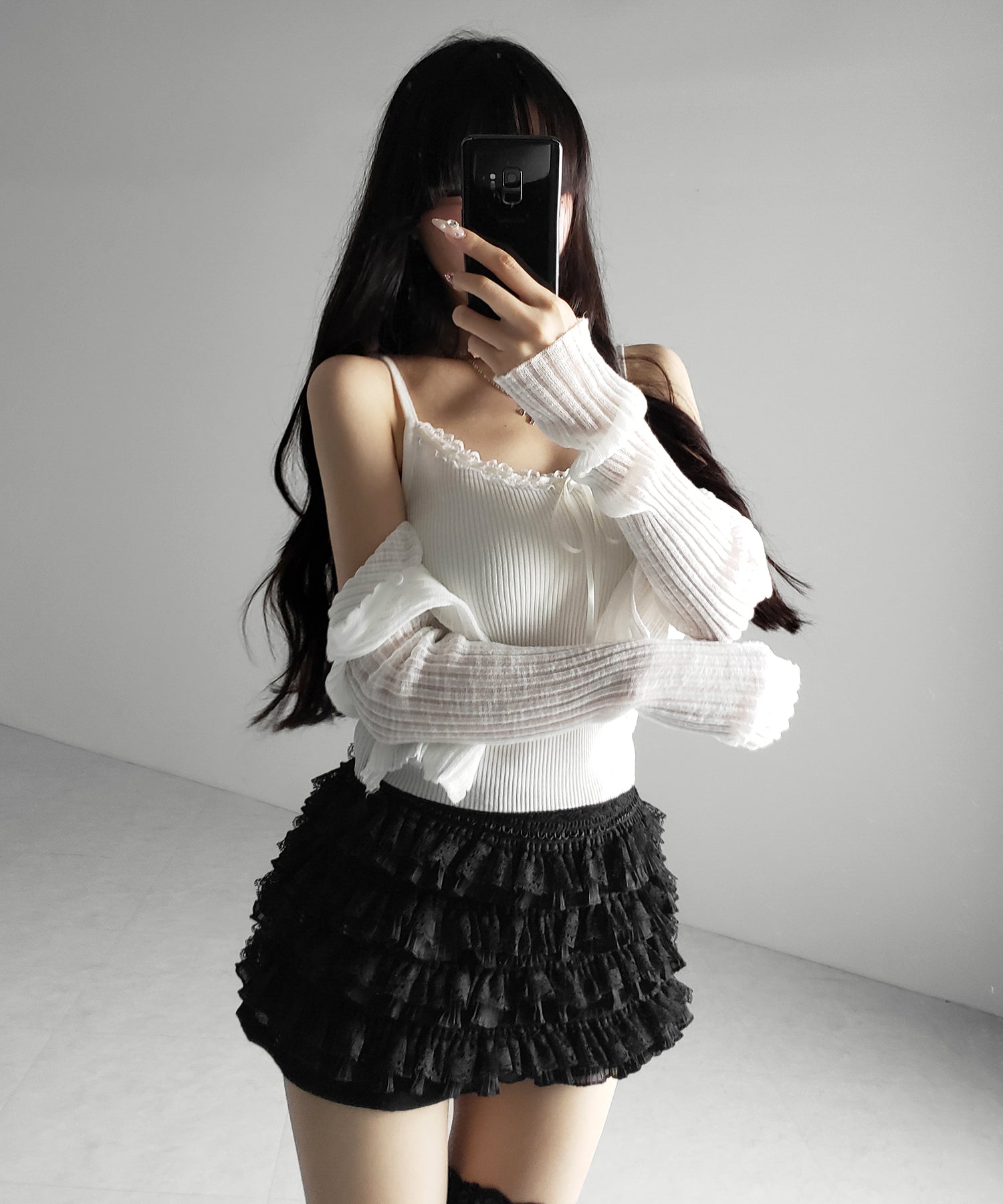 【 2点セット 】レースリボンニットキャミソール + シアーリブニットカーディガン / lace ribbon knit camisole + sheer lib knit cardigan
