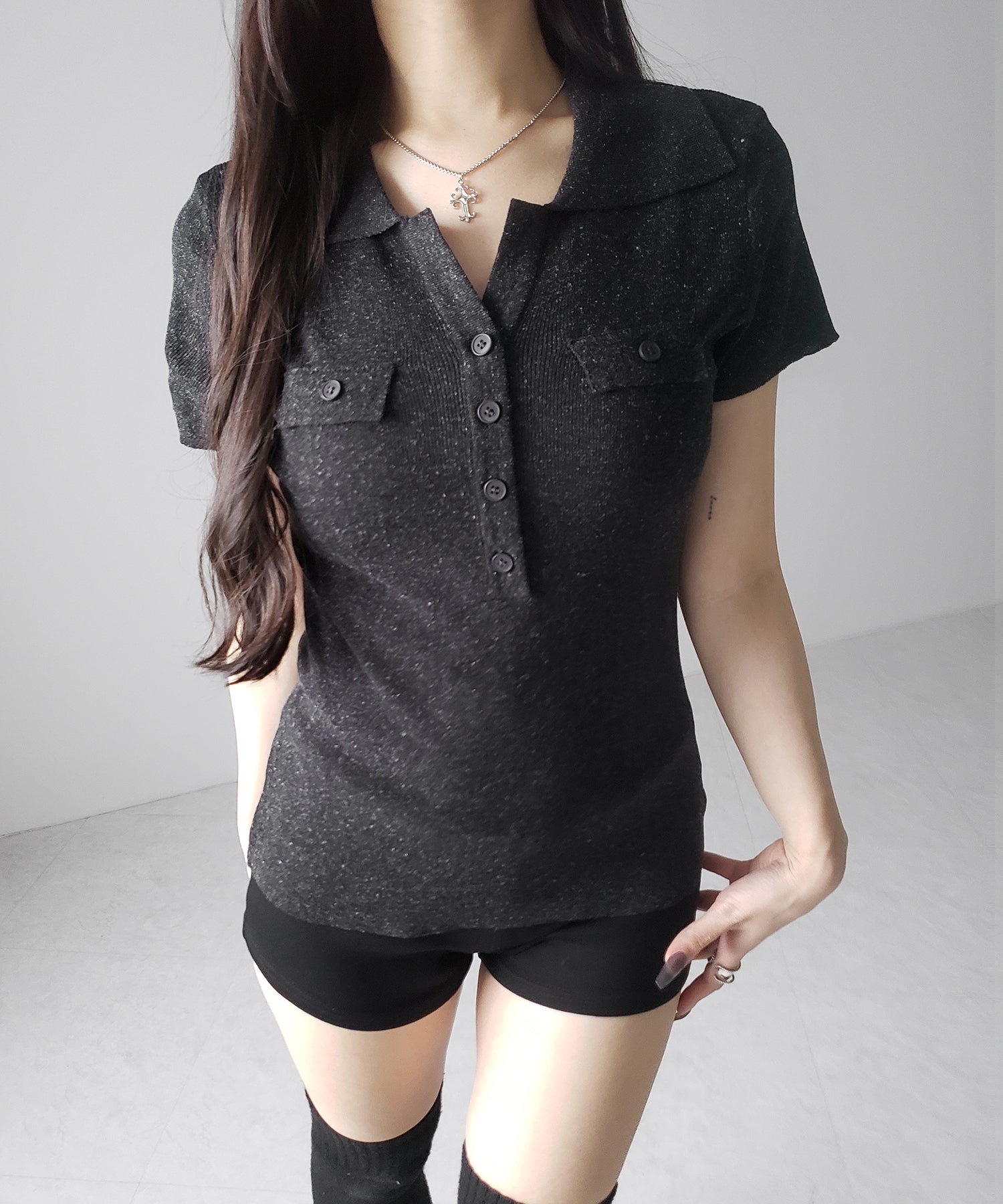 スキッパーボタンロングシアーニットトップス / skipper button long sheer knit tops