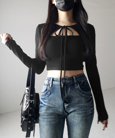 【 2WAY / 裏起毛 】フロントリボンカットアウトドッキングショートトップス / front ribbon cutout docking short tops