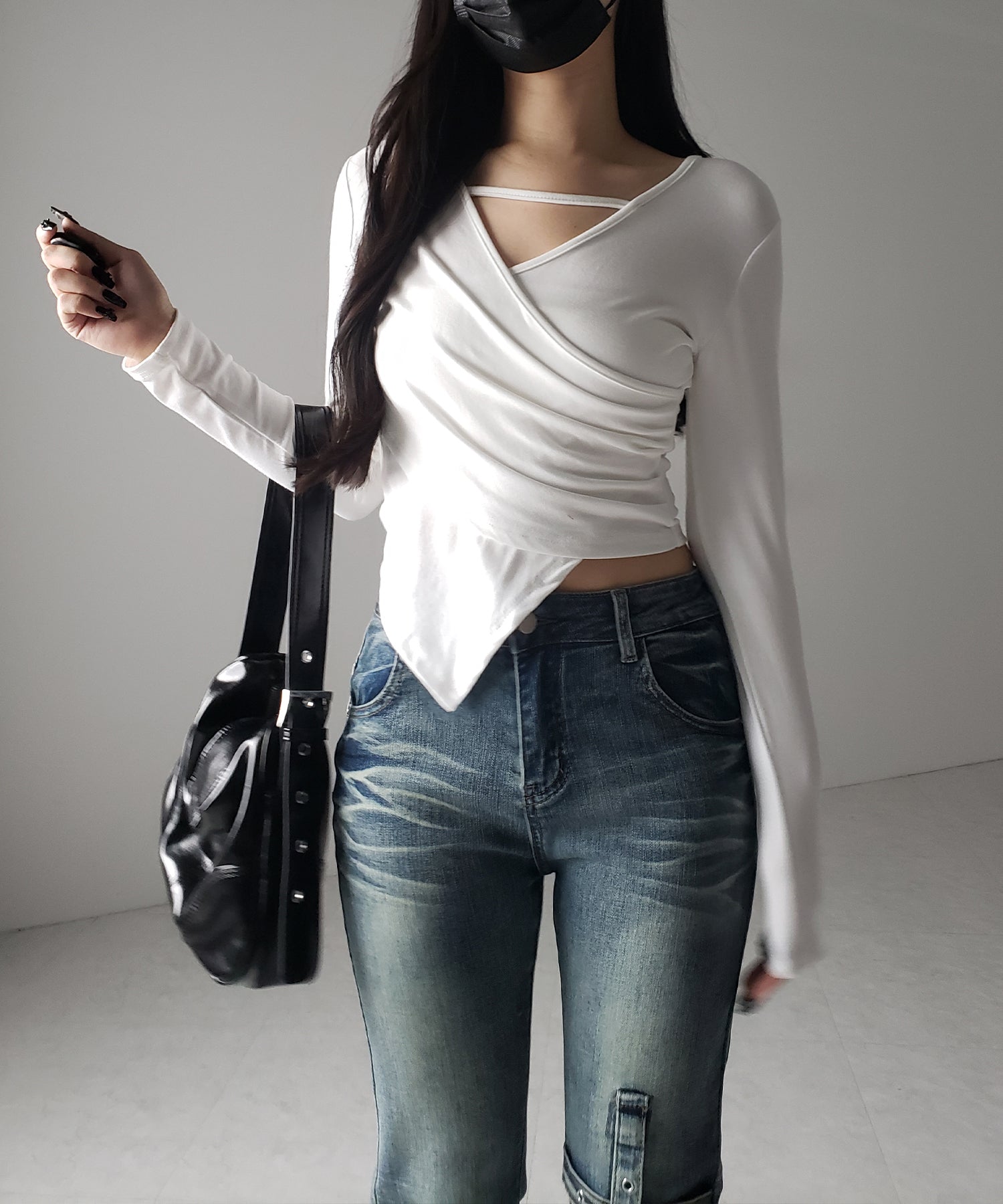 【 3color 】ラインストラップギャザークロスレイヤードトップス / line strap gather cross layered Tops