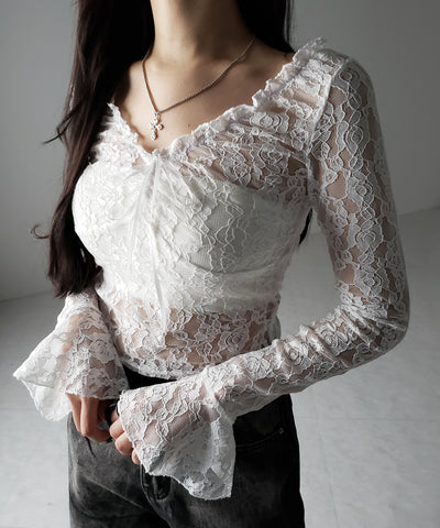 【2WAY 】フロントリボンオフショルスリムレーストップス / front ribbon off-shoulder slim lace tops