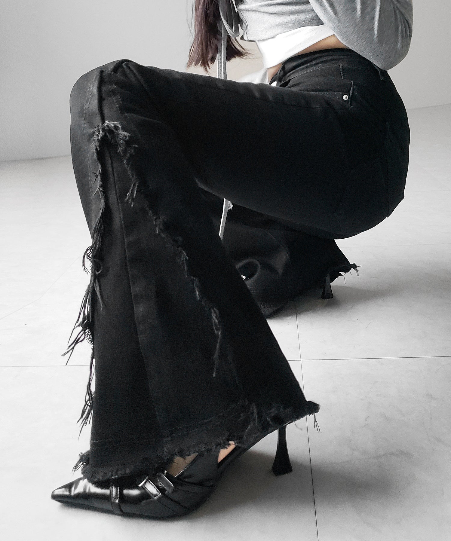 ヴィンテージライクフリンジストレッチフレアデニム / Vintage-like fringe stretch flare denim