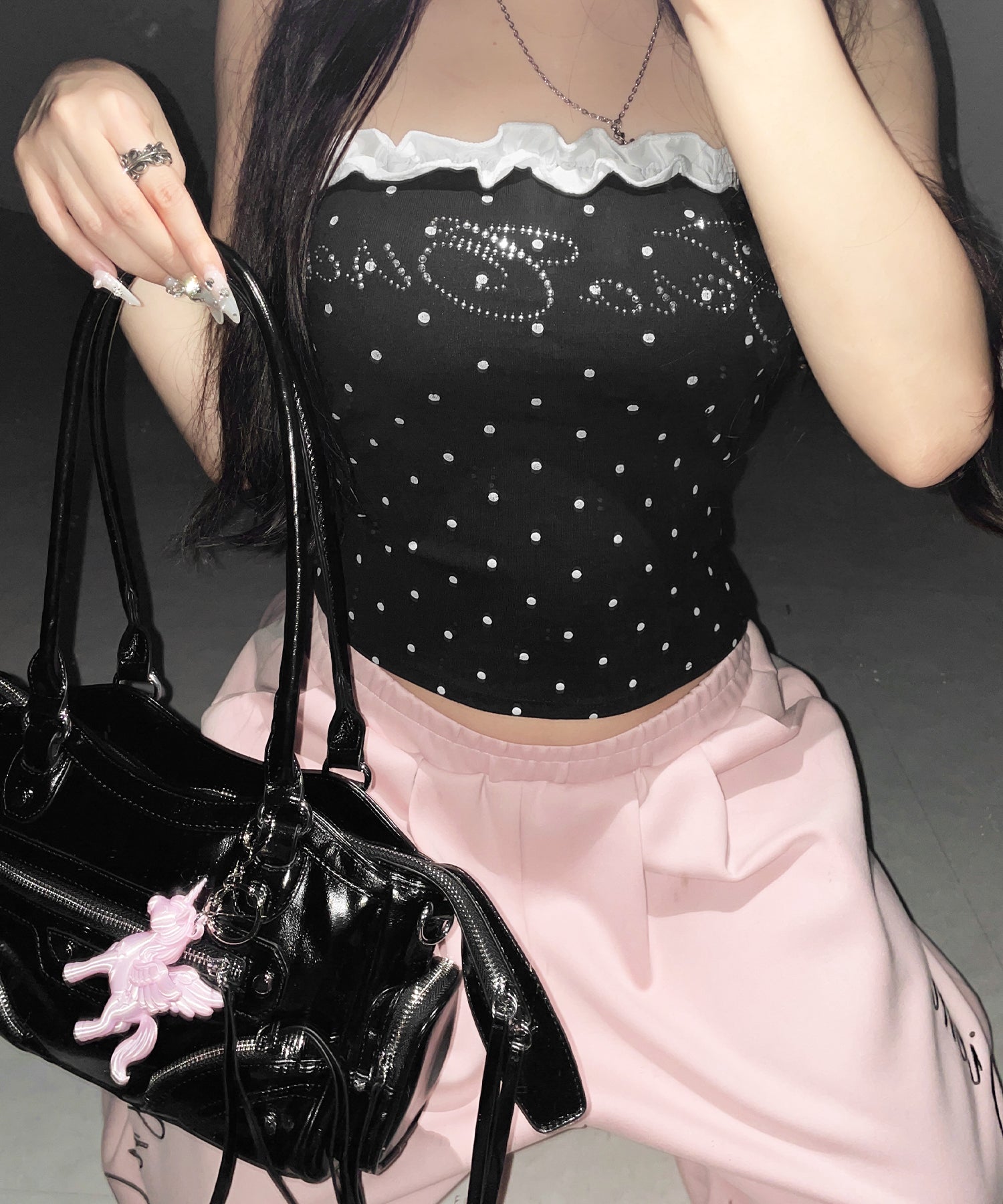 ラインストーンドットフリルベアトップス / Rhinestone dot frill bare tops