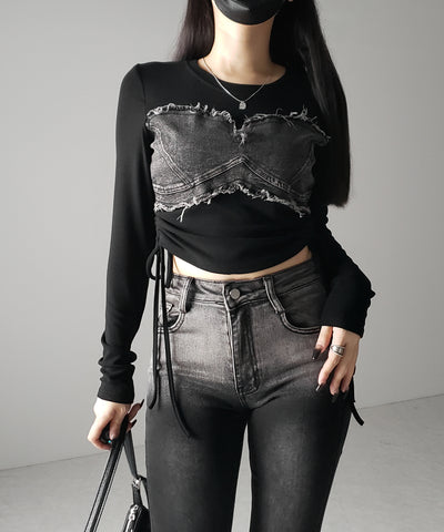 サイドリボンダメージデニムドッキングTシャツ / side ribbon damage denim docking Tee