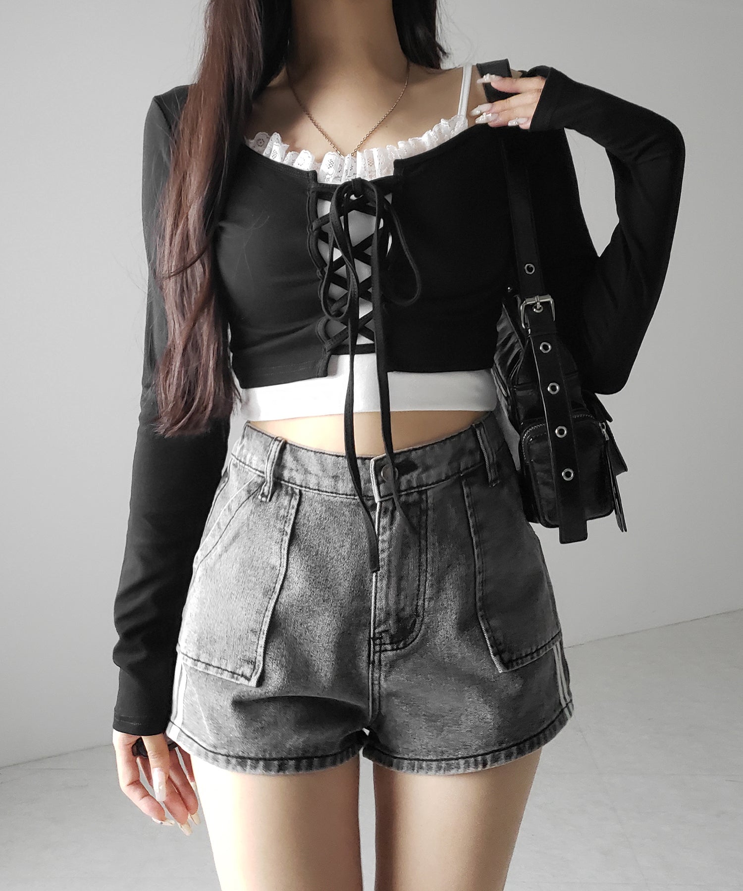 【 2color 】サイドラインハイウエストデニムショートパンツ / sideline highwaist denim short pants