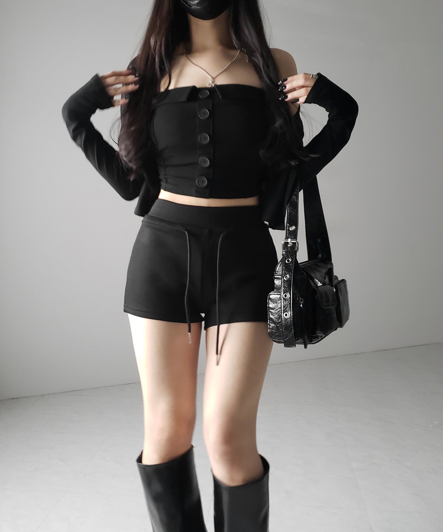 【 2点セット 】フロントボタンベアトップ + クロップドカットソーカーディガン SET / front button bare top + cropped cutsaw cardigan SET