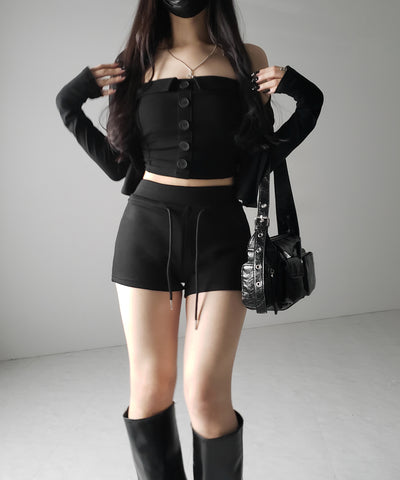 【 2点セット 】フロントボタンベアトップ + クロップドカットソーカーディガン SET / front button bare top + cropped cutsaw cardigan SET