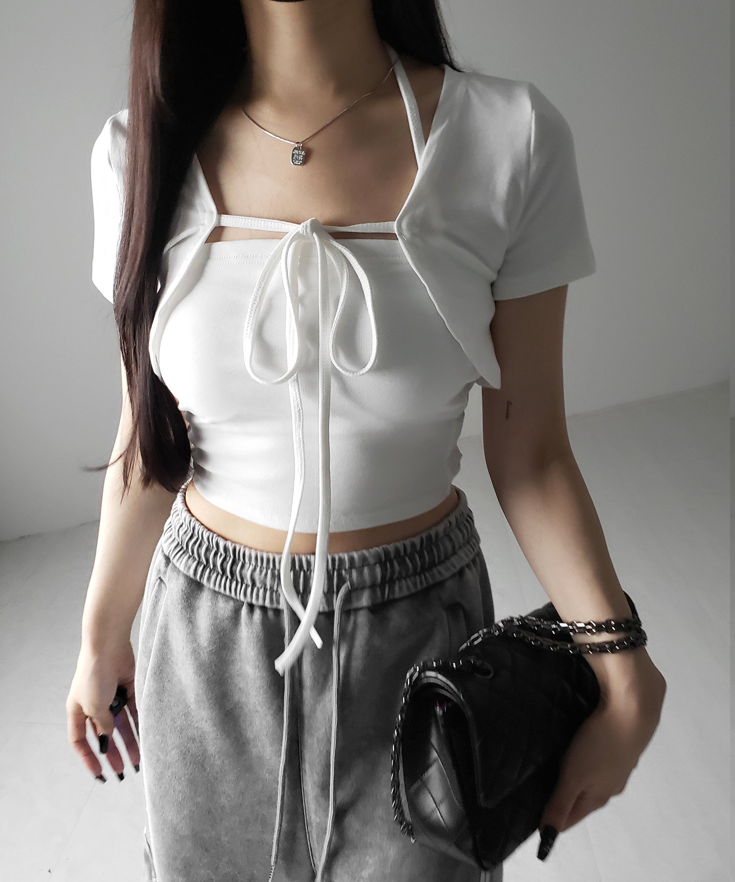 【 2点セット 】フロントリボンショートカーディガン+ ホルターキャミソール SET / front ribbon short cardigan + halter camisole SET