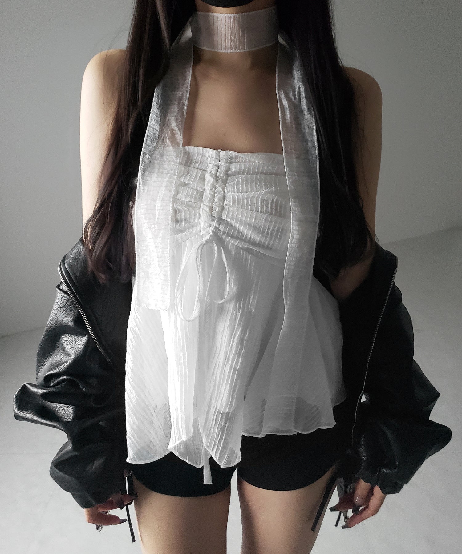 【 チョーカータイ付 】シャーリングリボンペプラムシフォンビスチェトップス / choker tie set shirring ribbon peplum chiffon bustier tops